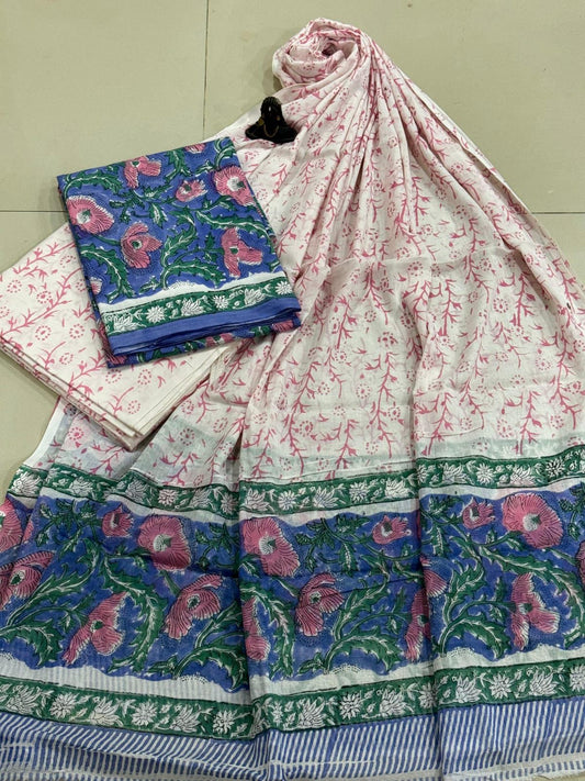Block Printed Pure Cotton Unstitched Suit Set with Mulmul Dupatta