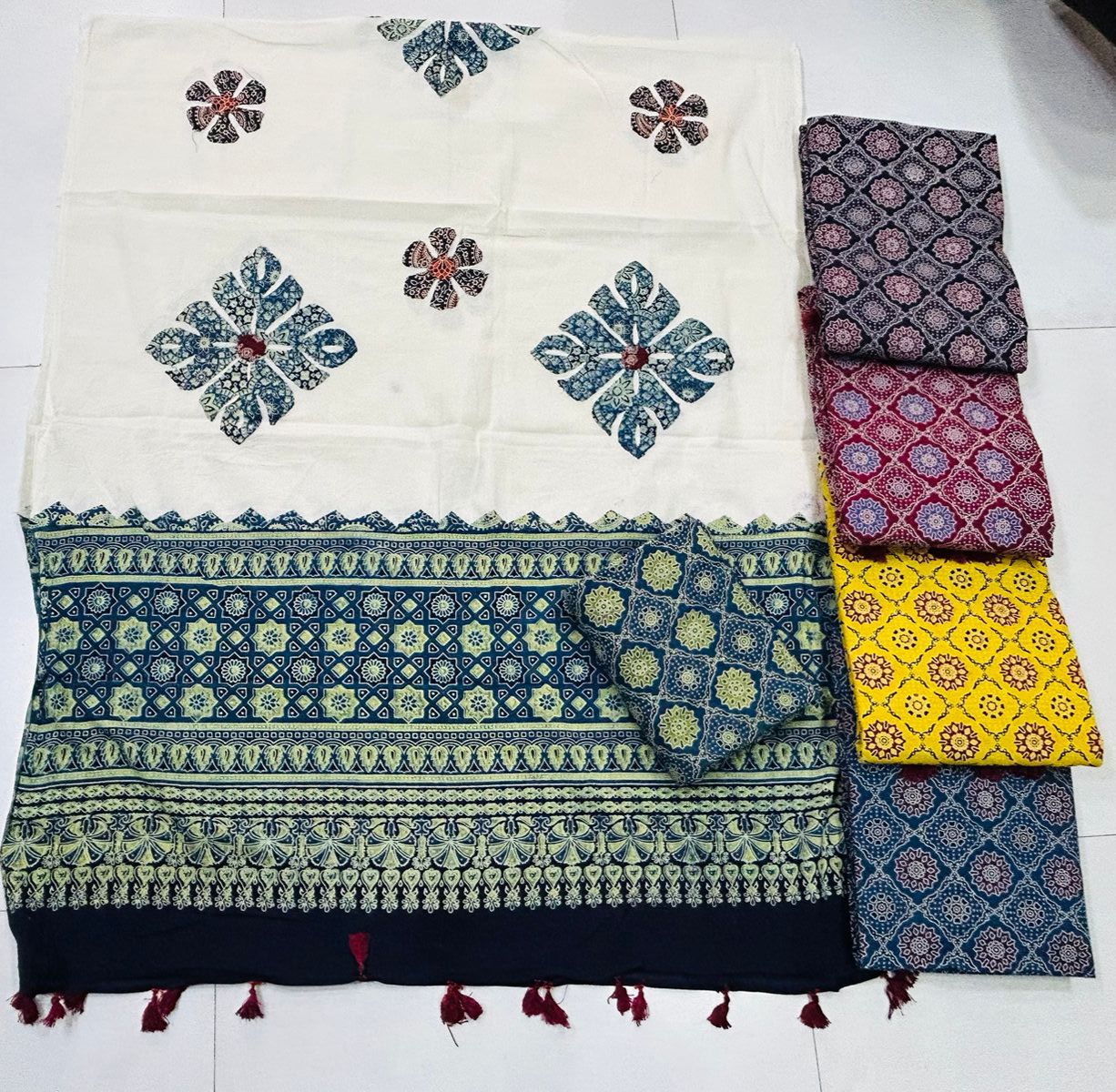 Jaipuri Cotton Hand Block Applique Work Unstitched Suit