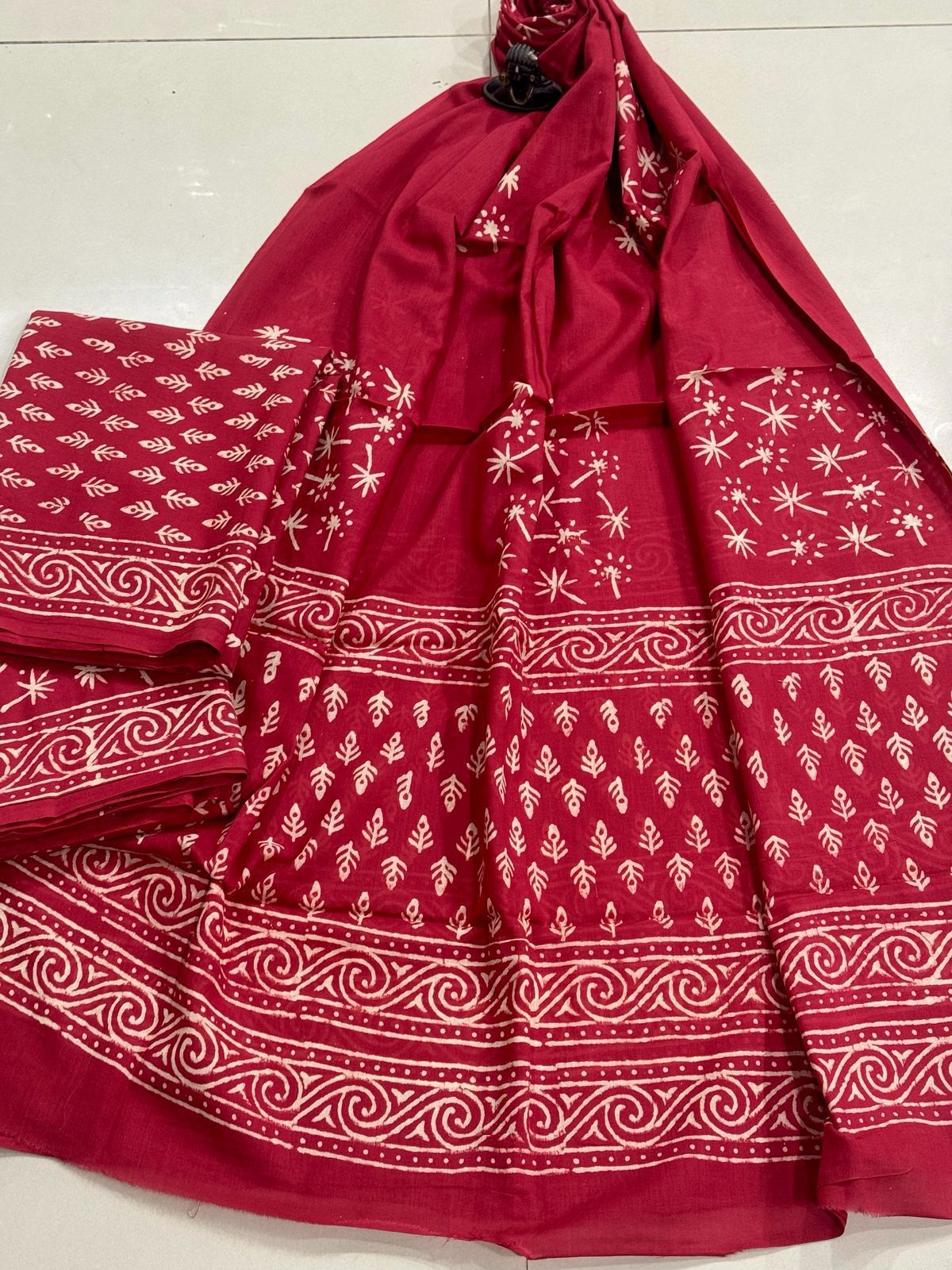 Block Printed Pure Cotton Unstitched Suit Set with Mulmul Dupatta