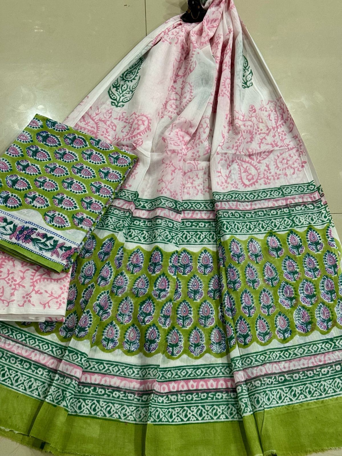 Block Printed Pure Cotton Unstitched Suit Set with Mulmul Dupatta