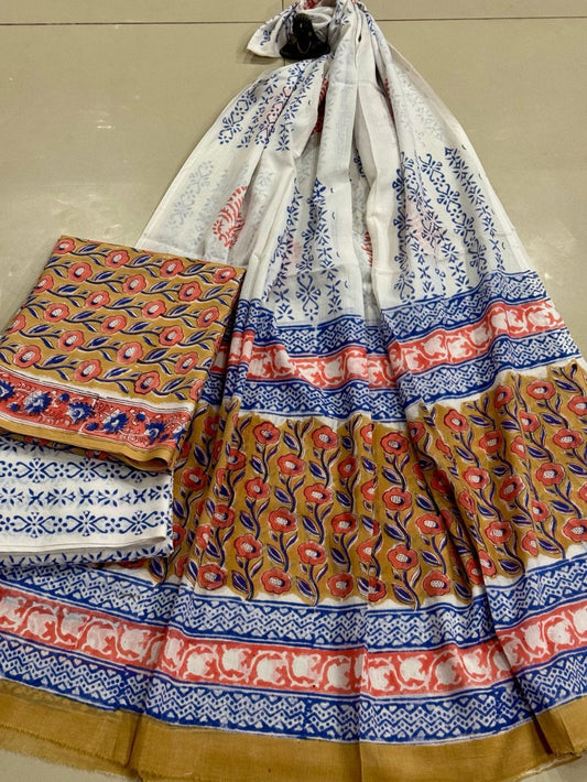 Block Printed Pure Cotton Unstitched Suit Set with Mulmul Dupatta