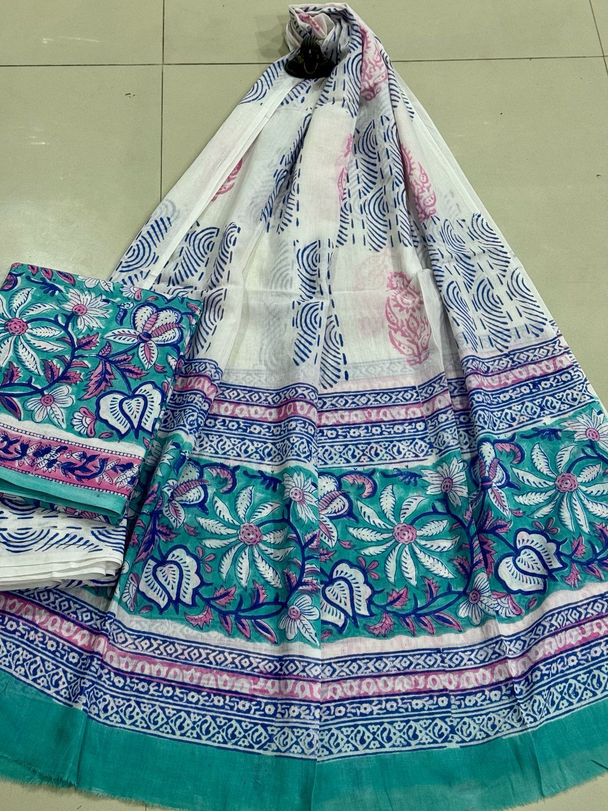 Block Printed Pure Cotton Unstitched Suit Set with Mulmul Dupatta