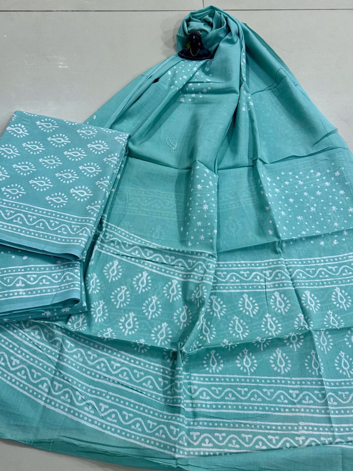 Block Printed Pure Cotton Unstitched Suit Set with Mulmul Dupatta