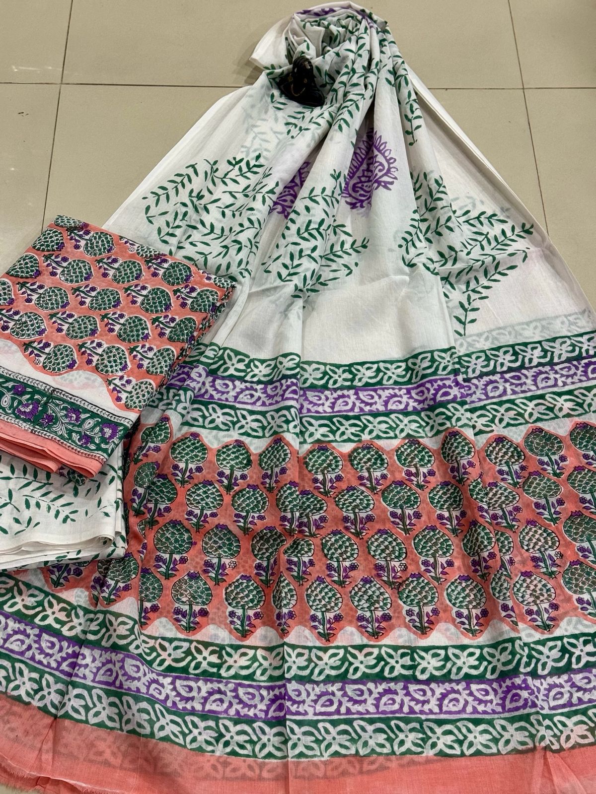 Block Printed Pure Cotton Unstitched Suit Set with Mulmul Dupatta