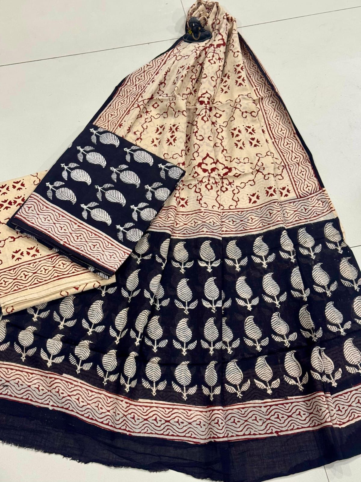 Block Printed Pure Cotton Unstitched Suit Set with Mulmul Dupatta