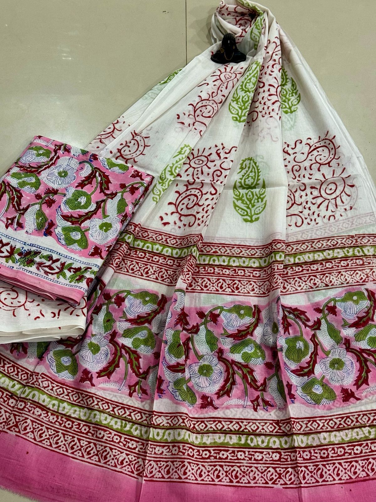 Block Printed Pure Cotton Unstitched Suit Set with Mulmul Dupatta
